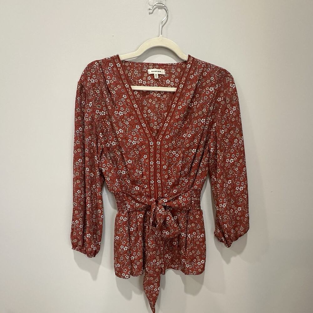 Max Studio Blouse Women Size Med Rust Multi Peplum Floral‎ Front Tie Boho